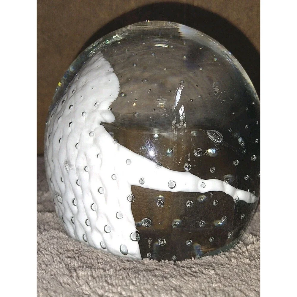 Vintage Controlled Bubble Art Glass Paperweight White & Smoky Black Swirl 3.5